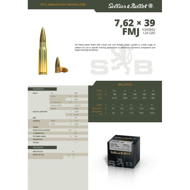 7.62X39 SELLIER BELLOT FMJ  VRAC BOITE DE 50 8G